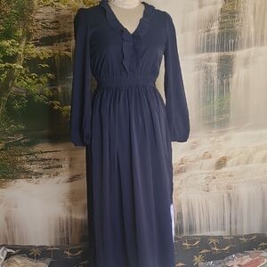 New! Leadingstar Womens Medium Elegant Navy Blue Long Sleeve Ruffle Maxi Dress